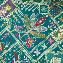 Purvi Deep Peacock Teal Base Georgette Fabric with Intricate Multi-thread Embroidery, Sequins and Zari Work