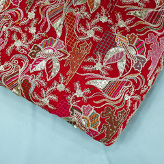 Purvi Scarlet Red Base Georgette Fabric with Intricate Multi-thread Embroidery, Sequins and Zari Work