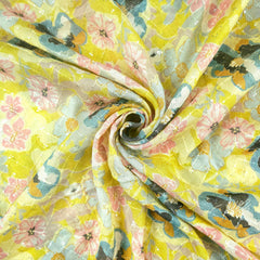 Riwaz Floral Yellow Base Embroidered Chinon Fabric