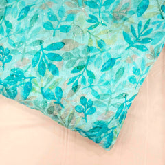Riwaz Sky Blue Base Embroidered Chinon Fabric with leaf motifs