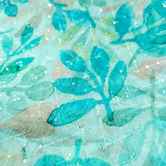Riwaz Sky Blue Base Embroidered Chinon Fabric with leaf motifs