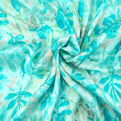 Riwaz Sky Blue Base Embroidered Chinon Fabric with leaf motifs