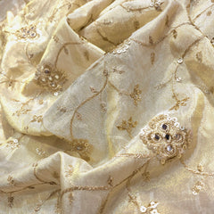 Embroidered Dyeable shimmer Tissue Fabric with Gold Circular Floral motif with Mirror
