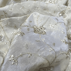 Embroidered Dyeable shimmer Tissue Fabric with Gold Circular Floral motif with Mirror