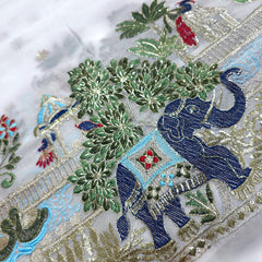Embroidered Dyeable Georgette Fabric with Elephant & Trees Border