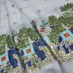 Embroidered Dyeable Georgette Fabric with Elephant & Trees Border