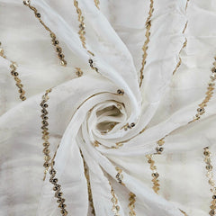 Embroidered Dyeable Organza Fabric with Gold Sequin Stripes Work