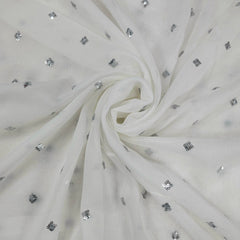 Silver Sequin on Dyeable Georgette Fabric with Circular Floral Motif