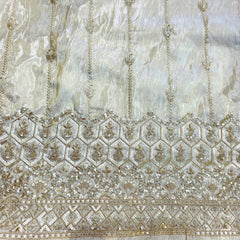 Embroidered Shimmer Tissue Dyeable Fabric with Floral and Hexagon Motif Sequin & Zari Work Border