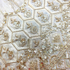 Embroidered Shimmer Tissue Dyeable Fabric with Floral and Hexagon Motif Sequin & Zari Work Border
