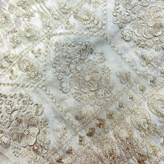 Embroidered Shimmer Tissue Dyeable Fabric with Floral and Hexagon Motif Sequin & Zari Work Border