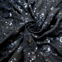Embroidered Black Georgette Fabric with Floral Sequin Work
