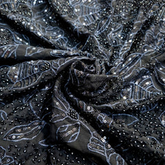 Embroidered Black Georgette Fabric with Floral Sequin Work and Threadwork