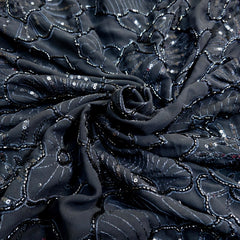 Embroidered Black Georgette Fabric with Floral Cutdana Work and Sequins Work