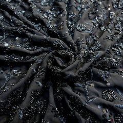 Embroidered Black Georgette Fabric with Round Floral Cutdana Work and Sequins Work