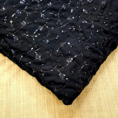 Embroidered Black Georgette Fabric with Small Round Floral Cutdana Work and Sequins Work