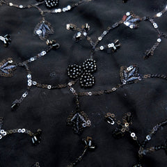 Embroidered Black Georgette Fabric with Small Round Floral Cutdana Work and Sequins Work