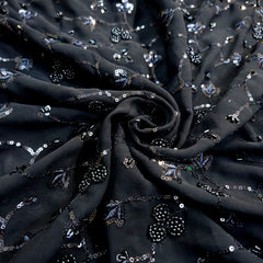 Embroidered Black Georgette Fabric with Small Round Floral Cutdana Work and Sequins Work