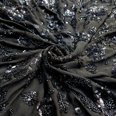 Embroidered Black Georgette Fabric with Rose Motif Cutdana Work and Sequins Work
