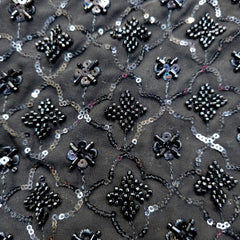 Embroidered Black Georgette Fabric with Checkered Floral Cutdana Work and Sequins Work