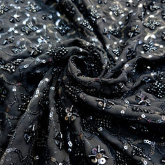 Embroidered Black Georgette Fabric with Checkered Floral Cutdana Work and Sequins Work