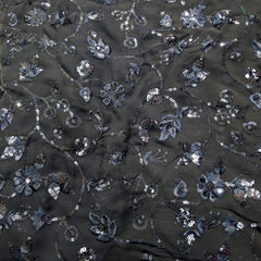 Embroidered Black Georgette Fabric with Checkered Floral Threadwork and Sequins Work