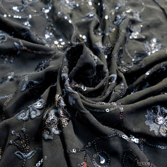 Embroidered Black Georgette Fabric with Checkered Floral Threadwork and Sequins Work