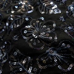 Embroidered Black Georgette Fabric with Floral Threadwork and Sequins Work