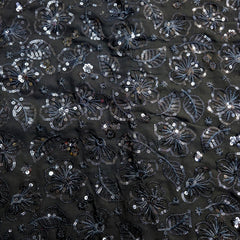 Embroidered Black Georgette Fabric with Floral Threadwork and Sequins Work