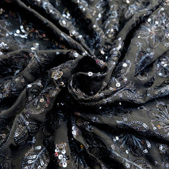 Embroidered Black Georgette Fabric with Floral Threadwork and Sequins Work