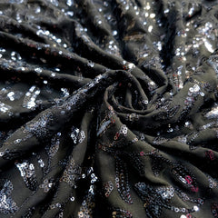 Embroidered Black Georgette Fabric with Triangular Floral Threadwork and Sequins Work