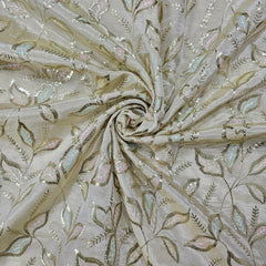 Gold Embroidered Shimmer Tissue Dyeable Fabric with Leaf Motifs Zari and Sequins Work