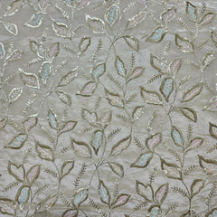 Gold Embroidered Shimmer Tissue Dyeable Fabric with Leaf Motifs Zari and Sequins Work