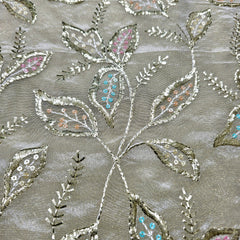 Gold Embroidered Shimmer Tissue Dyeable Fabric with Leaf Motifs Zari and Sequins Work