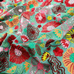 Nakshatra Aqua Teal Georgette Base Embroidered Fabric