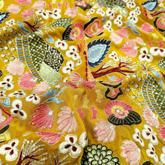 Nakshtra Mustard Yellow Georgette Base Embroidered Fabric