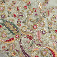 Noor Embroidered Dyeable Shimmer Tissue base Fabric with Paisley Motif Border