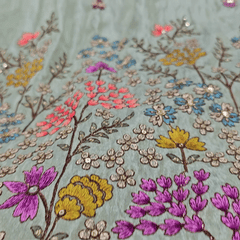 Embroidered Pastel Green Shimmer Tissue base Fabric with Floral Resham work & Sequins