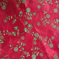 Rajrani Crimson Red Gajji Silk Fabric with Floral Sequins and Zari work