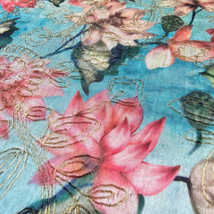 Kusum Sky Blue Chanderi Floral Digital Printed Fabric with Coord Zari Work