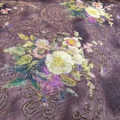 Kusum Walnut Brown Chanderi Floral Digital Printed Fabric with Coord Zari Work