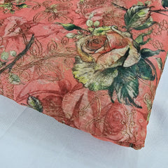 Kusum Dusty Orange Chanderi Floral Digital Printed Fabric with Coord Zari Work