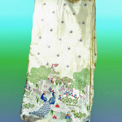 Morjaal Embroidered Dyeable Shimmer Tissue Fabric with Peacock and Jungle Motifs