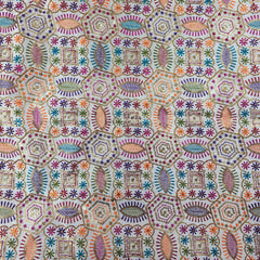 Multicolor Embroidered Zari & Sequin Work Raw Silk Fabric with Geometric Pattern