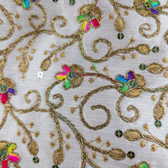 Multicolor Embroidered Zari & Sequin Work Raw Silk Fabric with Floral Vines Pattern
