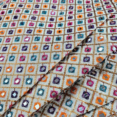 Multicolor Embroidered Zari, Mirror & Sequin Work Raw Silk Fabric with Diamond Pattern