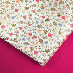 Multicolor Embroidered Zari, & Sequin Work Raw Silk Fabric with Floral Pattern and Bird Motif