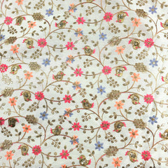 Multicolor Embroidered Zari, & Sequin Work Raw Silk Fabric with Floral Pattern and Bird Motif