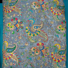 Grey Crepe Base Fabric with Multicolor Embroidery & Zari, Sequin work