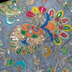 Grey Crepe Base Fabric with Multicolor Embroidery & Zari, Sequin work